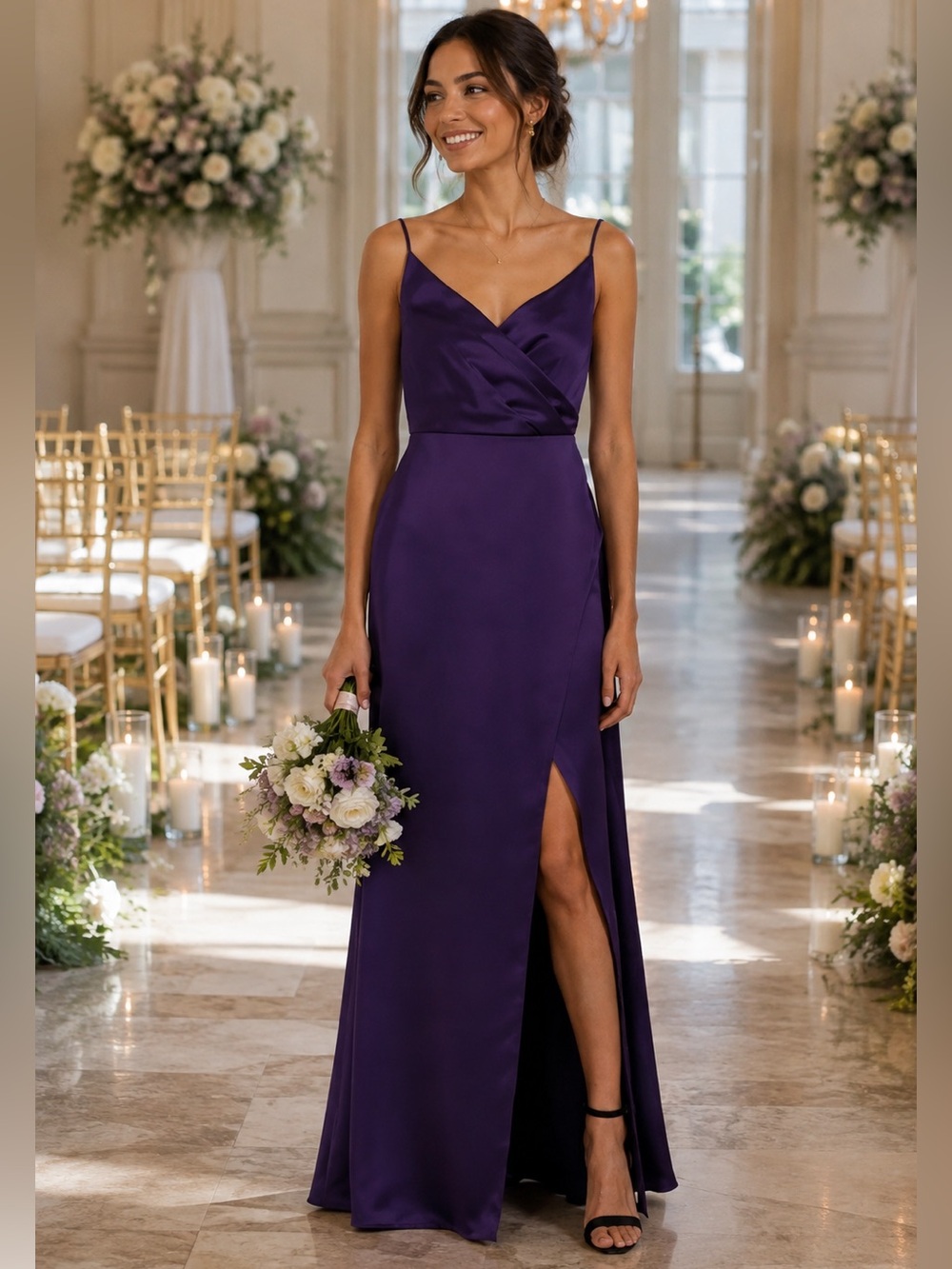 AMSALE Women's KYLE Amethyst Purple Satin V-Neck Spaghetti-Strap Gown 10 NEW